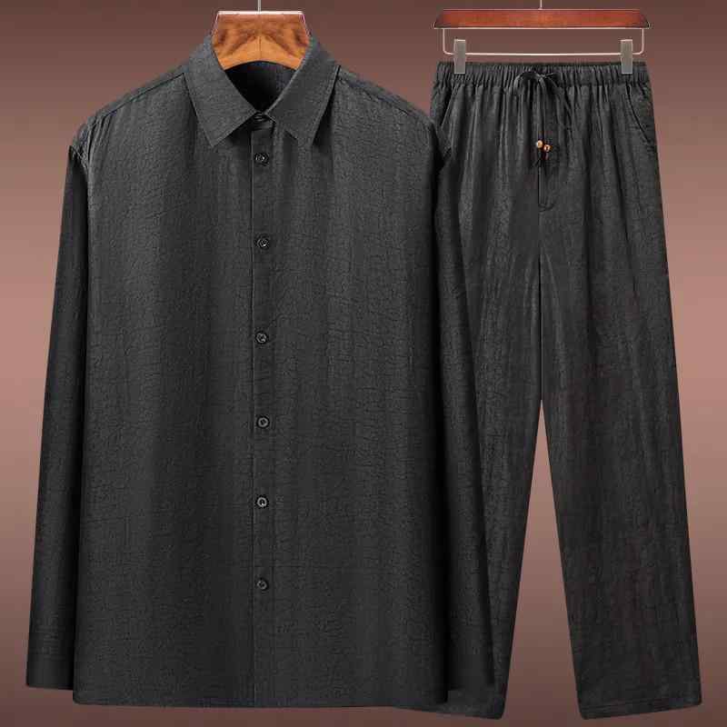 シャツ メンズ 長袖 上衣 桑蚕? 真? 絹 シルク 100% トップス 2点セット 套装 紳士服 襟付き 普段使い ビジネス カジュアル 伸縮性 通気性 日常 部屋着 春秋 ブラック|プライムズ商店