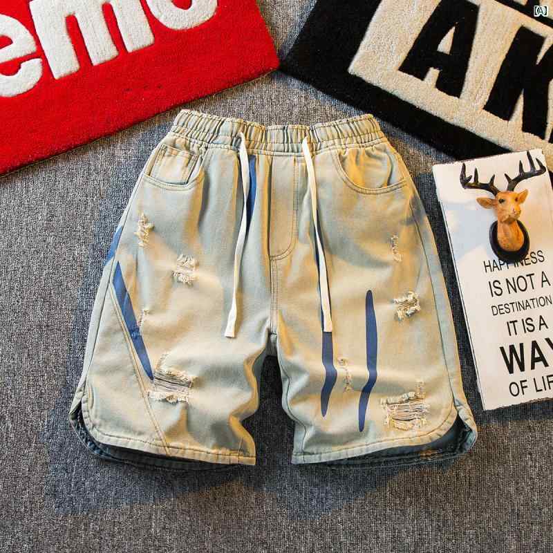 メンズ ファッショオン オシャレ カジュアル 男性 レトロ イエロー マッド デニムショートパンツ メンズ リッピング ドローストリング 耐久性 ウエスト パンツ カジュアル 五分丈