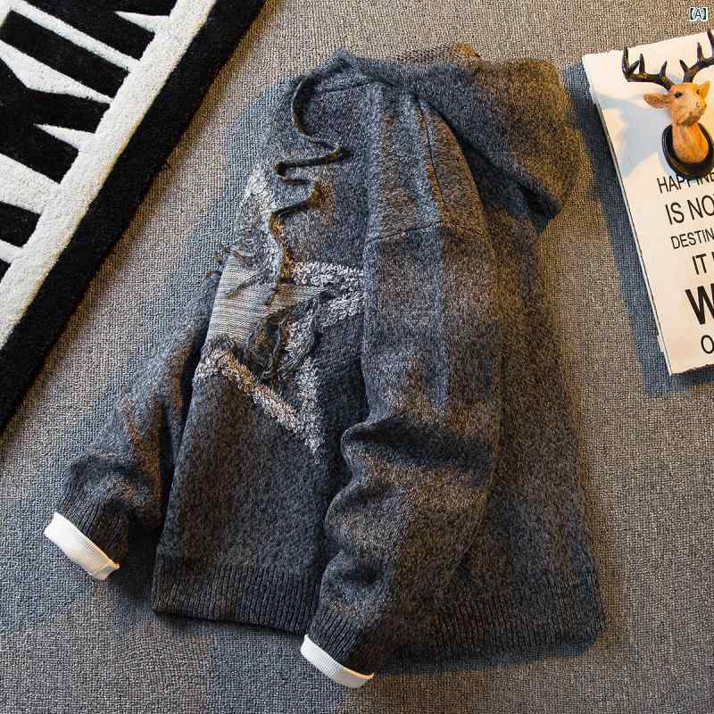メンズ ファッショオン オシャレ カジュアル 男性 アメリカン レトロ スター 刺繍 グレー セーター メンズ 秋　冬 ストリート イン フード付き ジャケット
