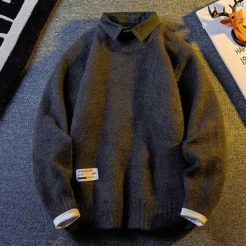メンズ ファッショオン オシャレ カジュアル 男性 レトロ 市松 模様 ジャカード シャツ 襟 セーター メンズ 秋　冬 フェイク 2点 男性