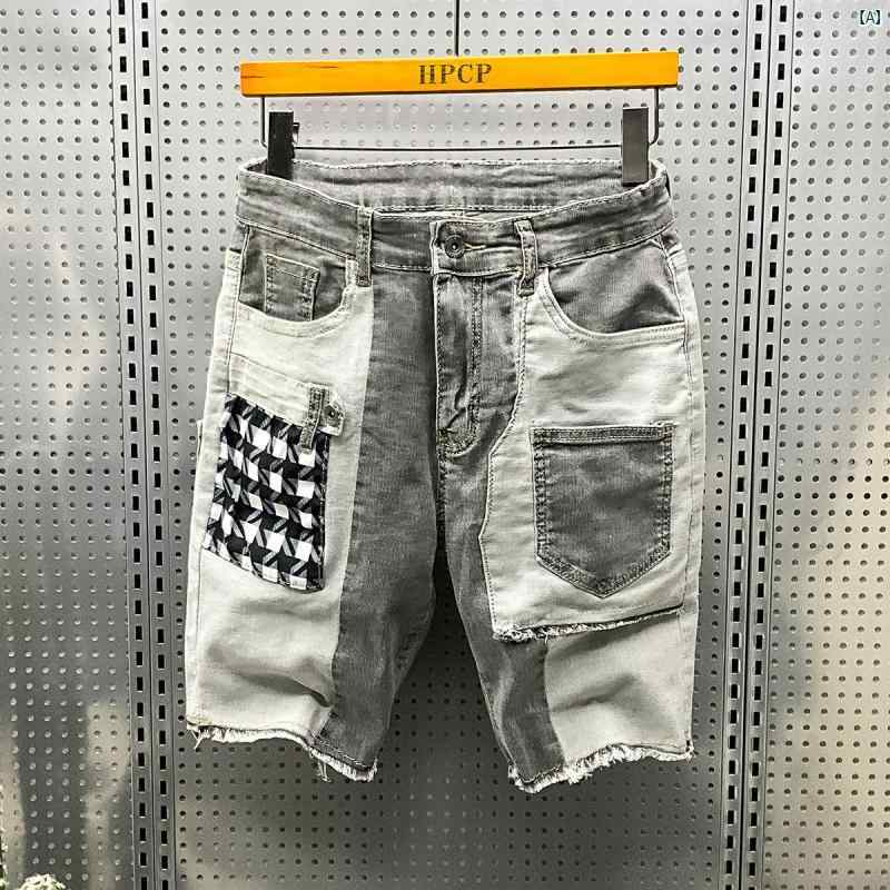 メンズ ファッショオン オシャレ カジュアル 男性 HPCP レトロ スプライシング デニムショートパンツ 夏 五分丈 パンツ 韓国 スリム カジュアル