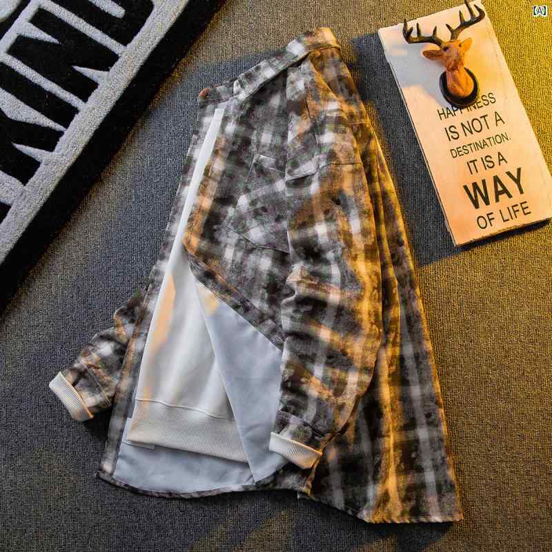 メンズ　ファッショオン　オシャレ　カジュアル　男性 HPCP レトロ スフマート チェック柄 シャツ 秋 長袖 絞り染め ジャケット 春