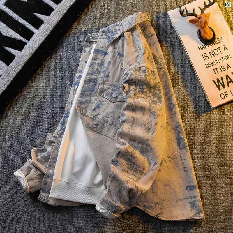 メンズ　ファッショオン　オシャレ　カジュアル　男性 HPCP レトロ まだら タイダイ柄 デニムジャケット ファッション ストリート 長袖 シャツ カジュアル ジャケット 紳士服