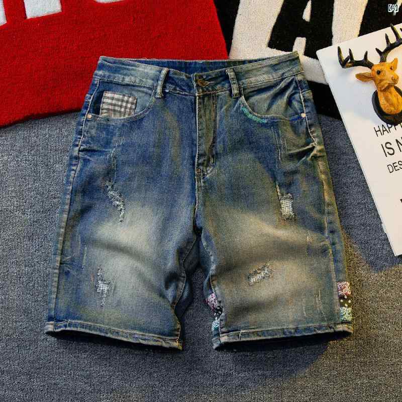メンズ　ファッショオン　オシャレ　カジュアル　男性 HPCP 夏 リップド デニムショートパンツ 薄手 カジュアル ミッド パンツ スプライシング プリント 五分丈 ジーンズ 4,769円