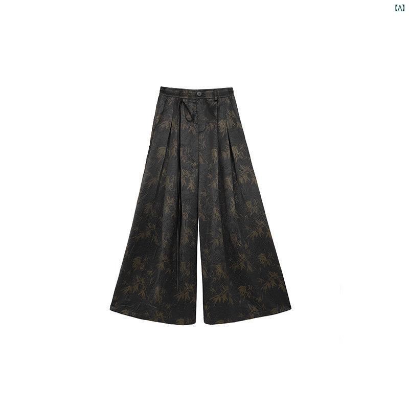 レディース　レディース　ファッション　オシャレ　　モダン　海外風 ダーク ワイド レッグ パンツ レディース 秋 レトロ 竹 葉 プリント ハイウエスト