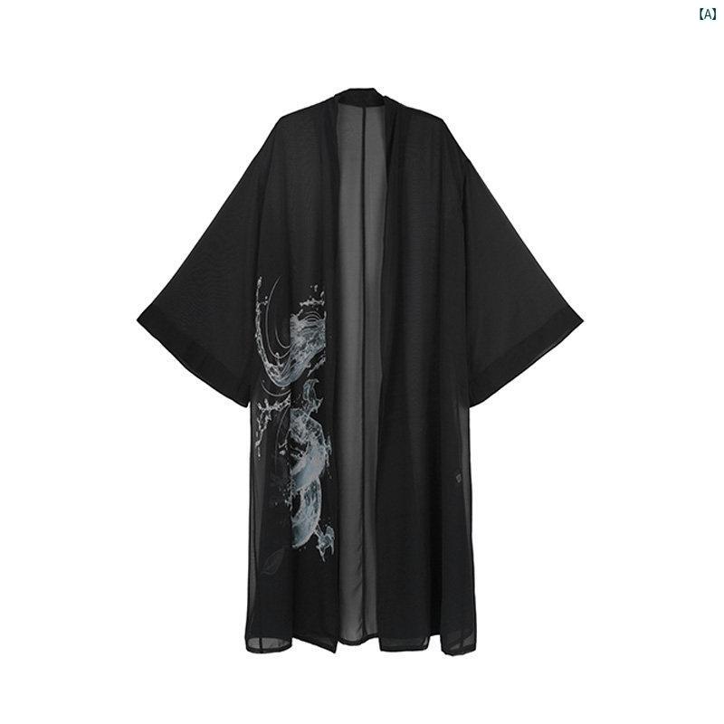 レディース　レディース　ファッション　オシャレ　　モダン　海外風 中華風 シフォンシャツ コート レディース 秋 ブラック レトロ 水 龍 プリント ロング 日焼け防止 カーディガン