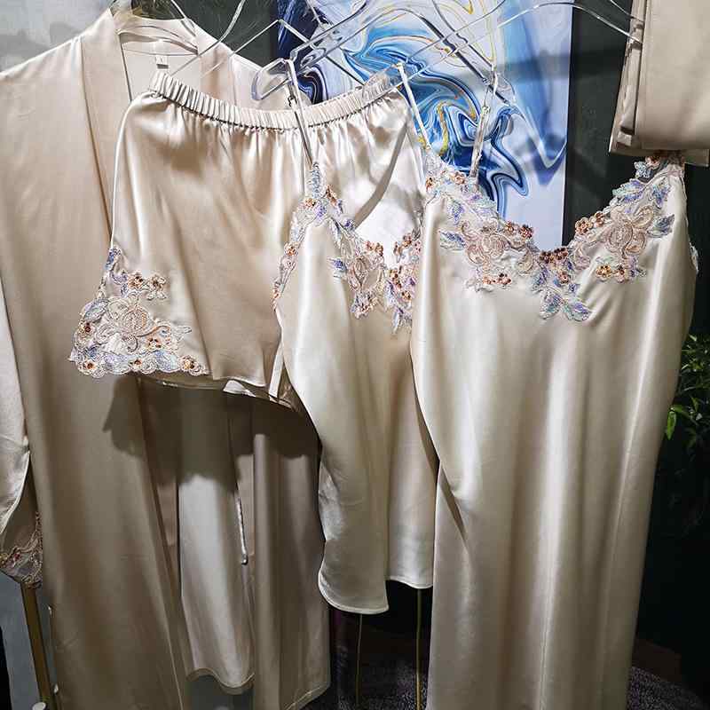 パジャマ レディース ルームウェア 部屋着 寝間着 シルクパジャマ ナイトウェア スリップ ワンピース ネグリジェ キャミソール ローブ ガウン 2点セット 桑蚕? シルク100% 接触冷感 吸湿速乾 レース 刺繍 花柄 高級感 セクシー かわいい フェ|プライムズ商店