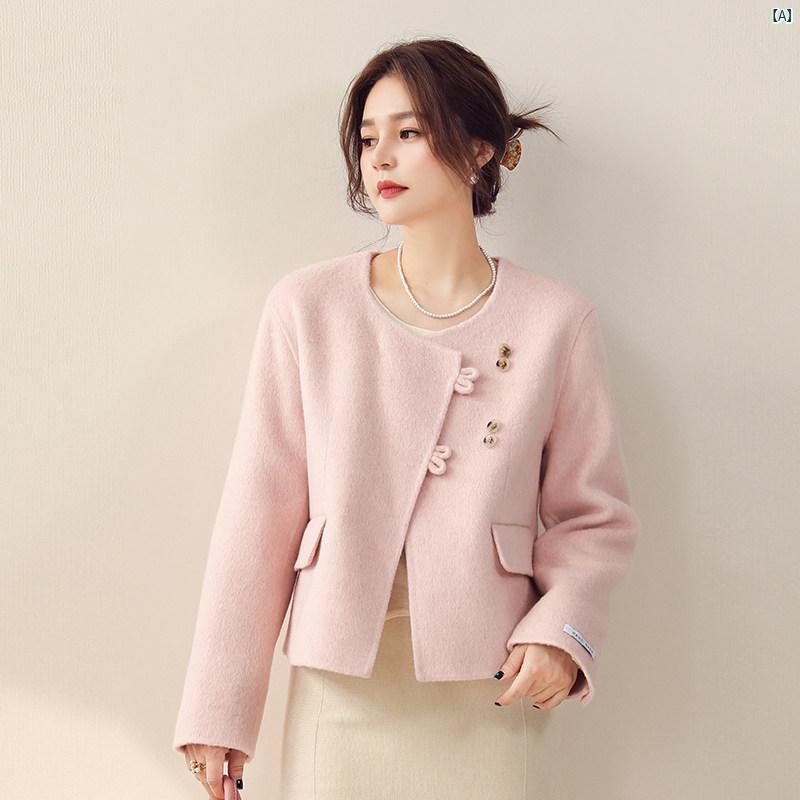 レディース　ファッション　おしゃれ　韓国　韓国　ヨーロピアン　海外風　夏　春　秋　 小柄 ショート ウール 両面 コート 冬 グレー グリーン ピンク ホワイト