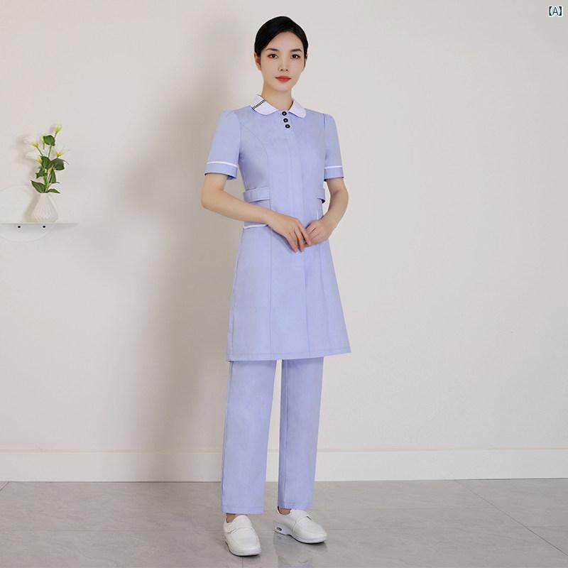 レディース チュニック　オシャレ　仕事着　かわいい 口腔 外来 病院 ナース 服 春夏 半袖 ラウンドネック スリム ドレス スーツ センター 看護