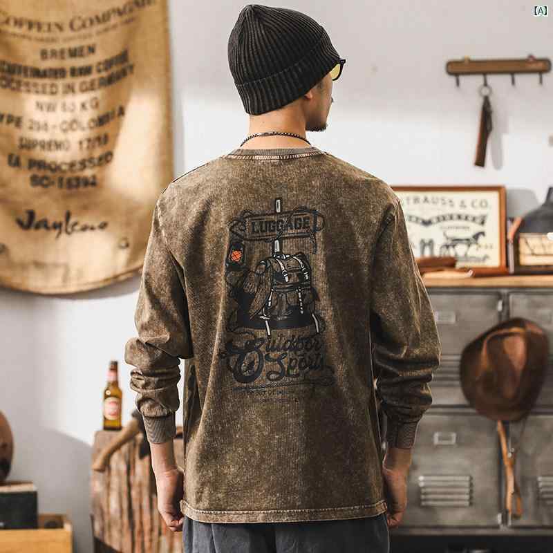 メンズ　カジュアル　男性　オシャレ アメリカン レトロ 長袖 Tシャツ 厚手 バティック ウォッシュ プリント 秋 カジュアル トップス