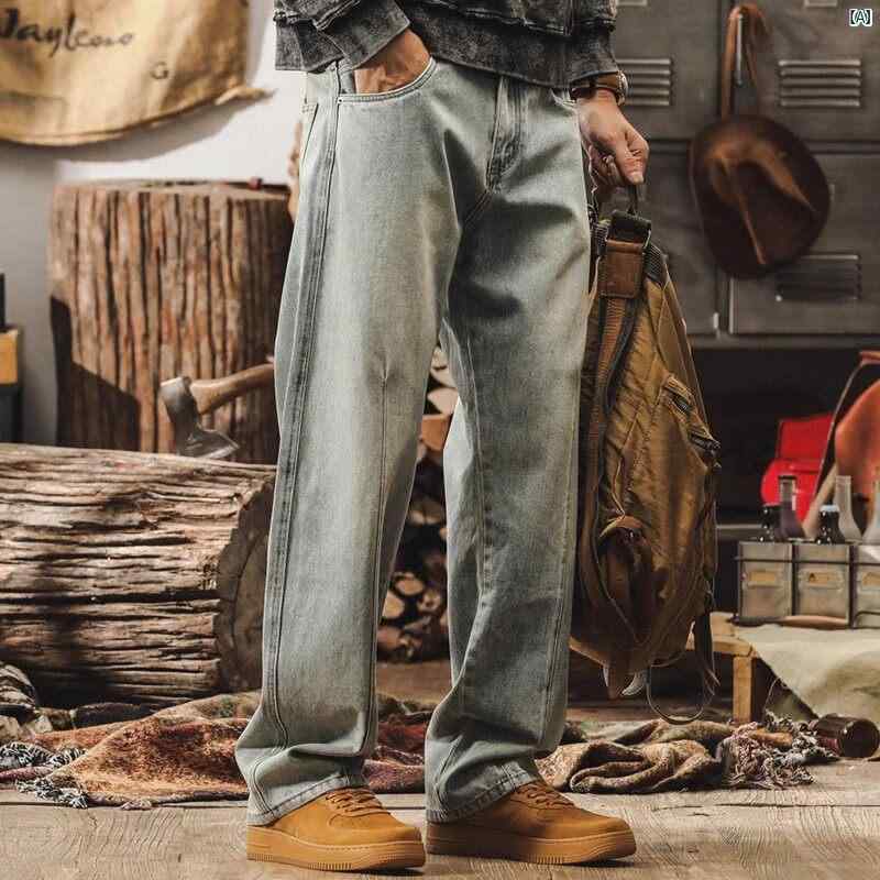 メンズ　カジュアル　男性　オシャレ アメリカン レトロ ジーンズ 秋 ワイド パンツ クラシック ノスタルジック ストレート カジュアル ロング