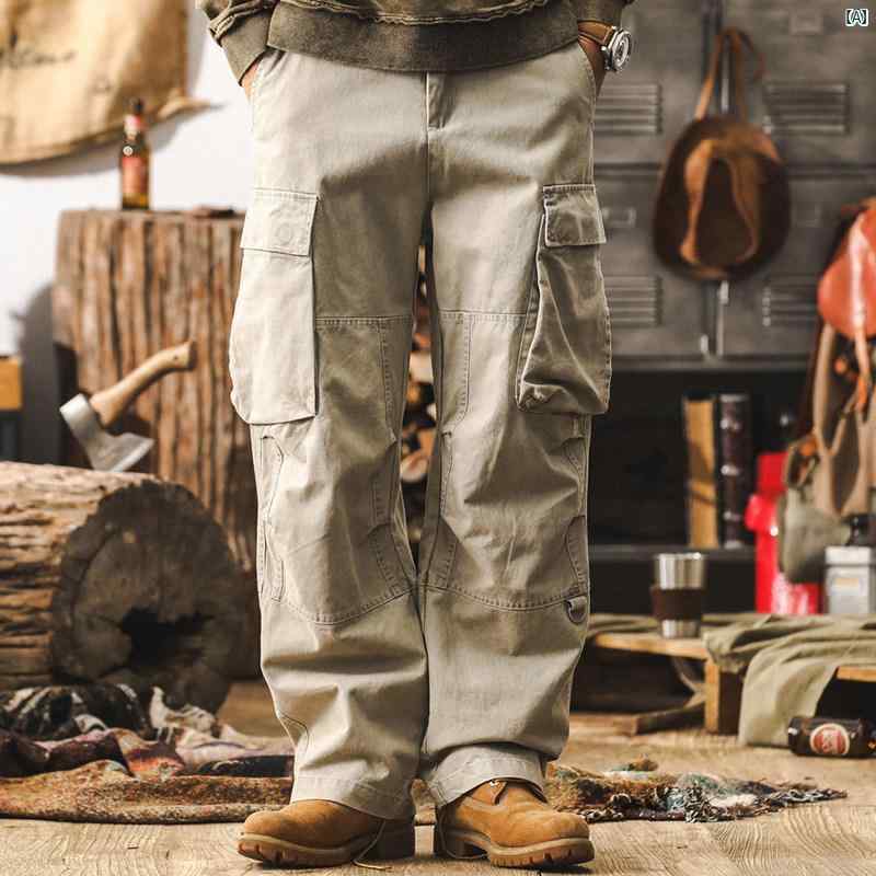 メンズ　カジュアル　男性　オシャレ アメリカン レトロ ウォッシュ 加工 ビッグ ポケット オーバー オール 秋 ストレート ワイド レッグ カジュアル パンツ