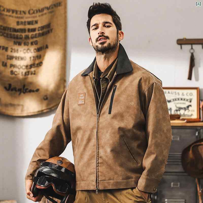 メンズ　カジュアル　男性　オシャレ 秋　冬 アメリカン レトロ モーターサイクルレザージャケット タフ ハンティング スーツ コントラスト ワークウェア レザージャケット