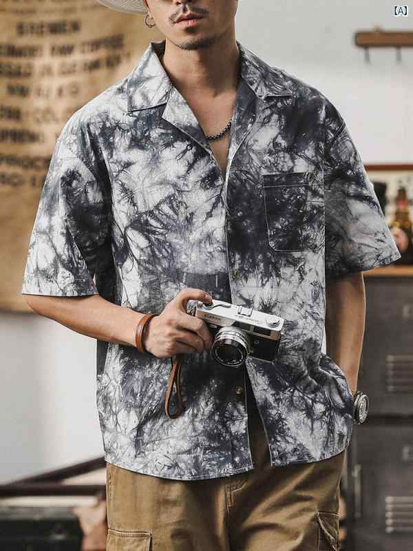 メンズ　カジュアル　男性　オシャレ 男性用 中華風 絞り染め 半袖 シャツ 夏用 アンティーク 風 チャイナ キューバン カラー ハワイアン 薄手 コート 7,082円