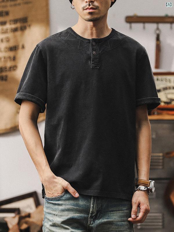 メンズ　カジュアル　男性　オシャレ アメリカン レトロ ヘンリー カラー ポロシャツ メンズ 夏 320 g ヘビーウェイト Tシャツ 半袖 ウォッシュド コットン トップス