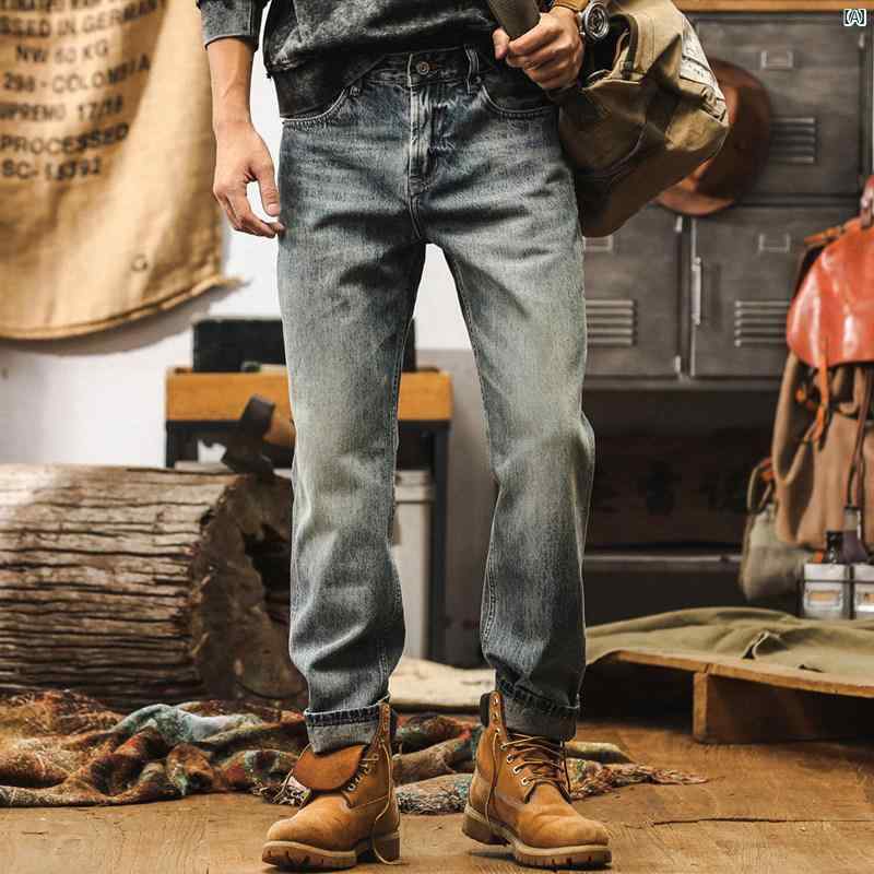 メンズ　カジュアル　男性　オシャレ アメリカン レトロ 135 オンス 竹 柄 ジーンズ ストレート 秋 オールド ウォッシュ カジュアル パンツ
