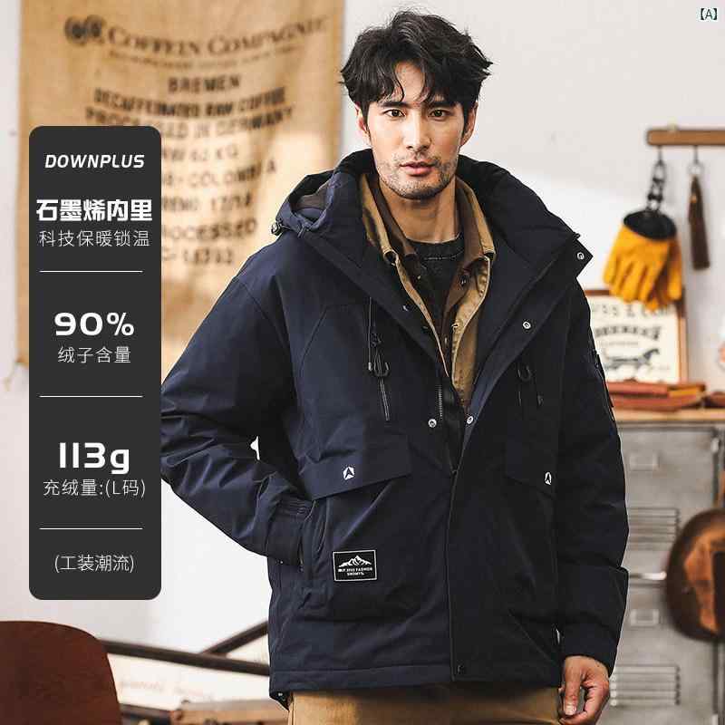 メンズ　カジュアル　男性　オシャレ アメリカ グラフェン 暖かい 作業着 ダウン ジャケット 男性用 冬 マウンテン 屋外 通勤 フード付き