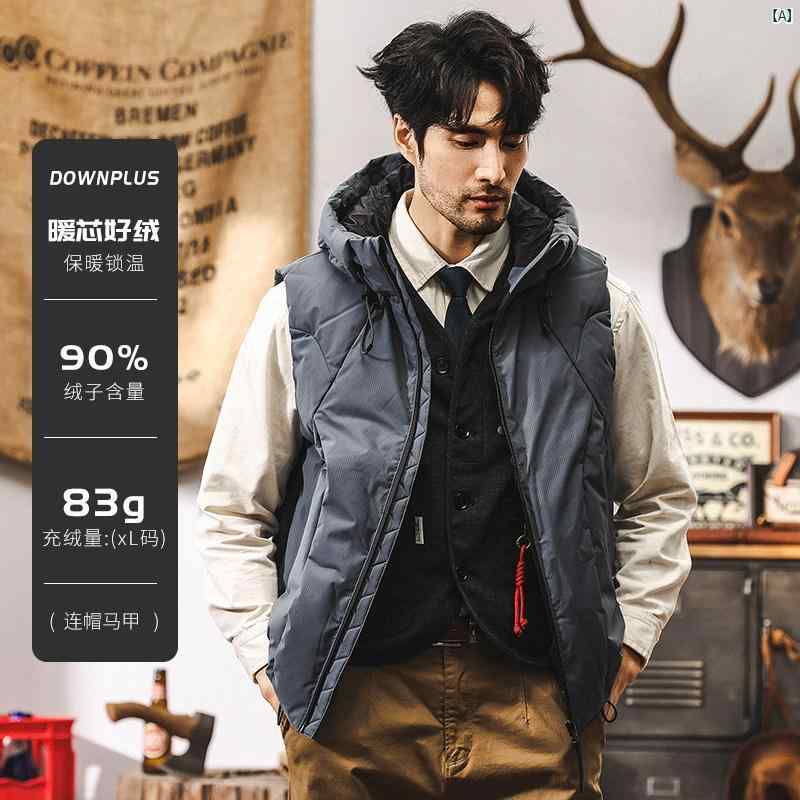 メンズ　カジュアル　男性　オシャレ 標準 90 ダック ダウン フード付き ベスト メンズ 冬 アメリカン レトロ 防風 暖かい ジャケット