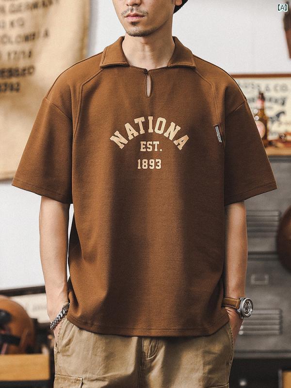 メンズ 心地好い 成人男性 オシャレ 中華風 成人男性用 半袖 プルオーバー 夏 アメリカン 朦々たる レトロ スポーツシャツ とっ始め