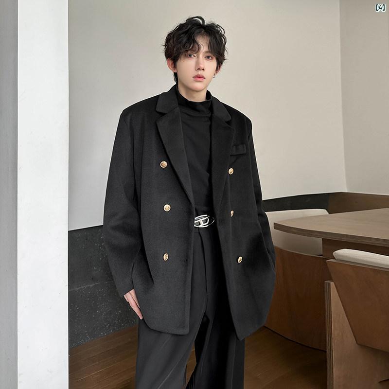 メンズ ファッション カジュアル クリーン フィット ブラック ウール スーツ ジャケット 秋 冬 韓国 コート ショート DK 制服