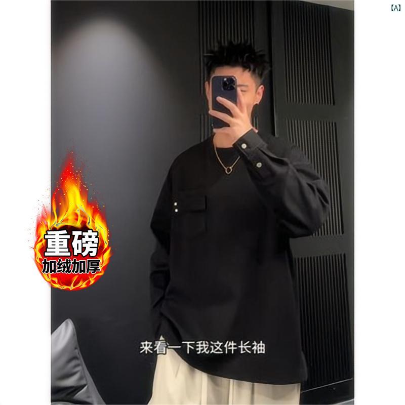 メンズ　ファッション　カジュアル Ancora レッド ラウンドネック スウェットシャツ 男性 冬 ベルベット 厚手 ヘビー コート アメリカン レトロ トップ
