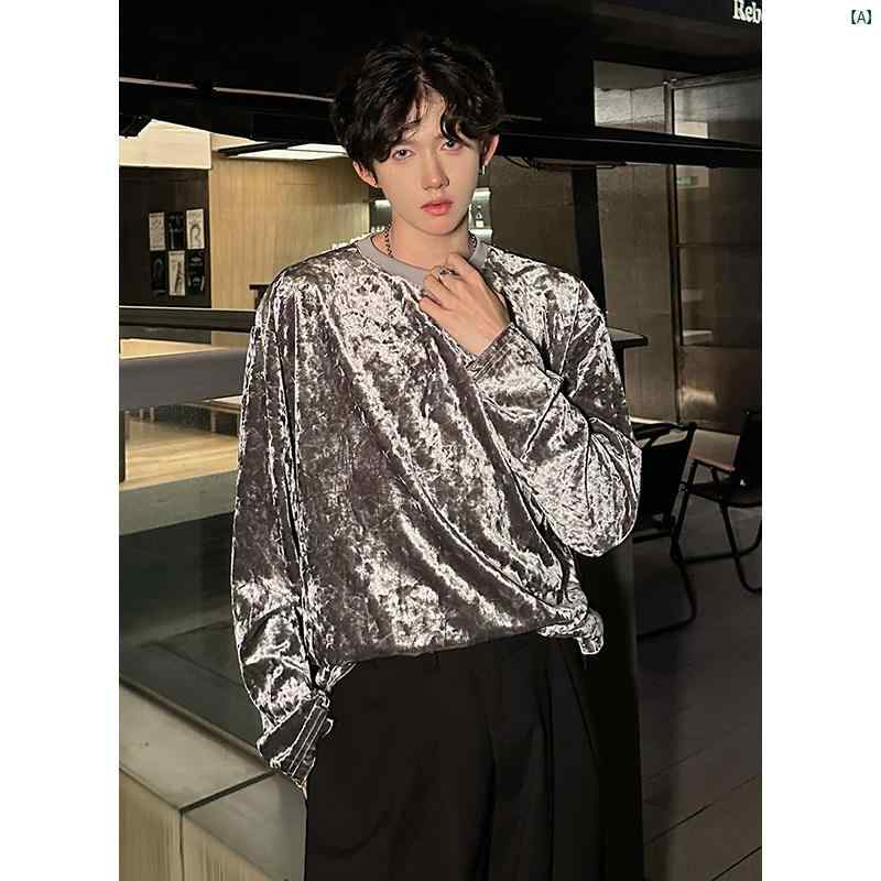 メンズ　ファッション　カジュアル ゴールド ベルベット 長袖 Tシャツ 春秋 高級感 インナー スウェットシャツ カジュアル シャツ