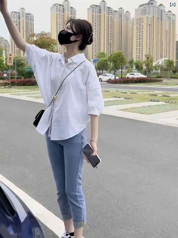 レディース　レディース　ファッション　オシャレ　カジュアル 半袖 シャツ 高級 ホワイト 夏用 薄手 ポロ カラー 四分袖 シック トップス