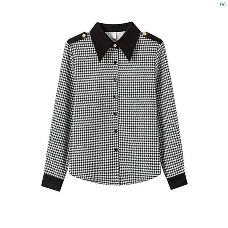 レディース　レディース　ファッション　オシャレ　カジュアル 千鳥格子 長袖 シフォンシャツ 秋 スリミング シャツ トップ