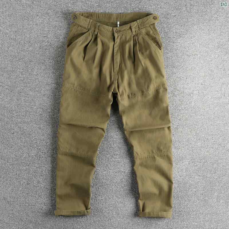 メンズ　メンズファッション　ファッション　男性用　オシャレ ウォッシュド コットン ヘリンボーン 織物 ワークウェア カジュアル パンツ メンズ 立体 仕立て 製 レトロ ロング