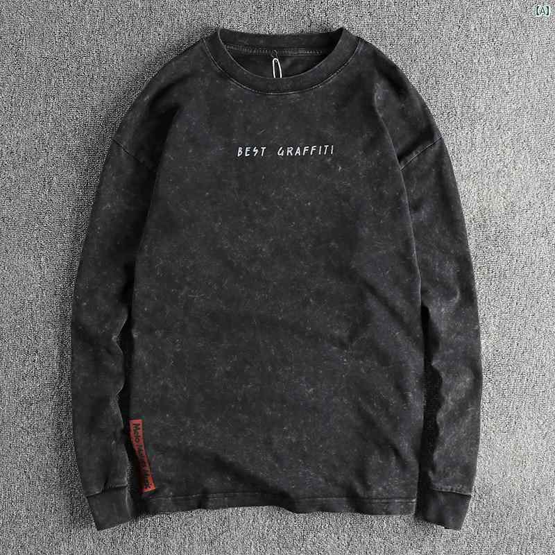 メンズ　メンズファッション　ファッション　男性用　オシャレ シンプル レター プリント アメリカン レトロ 長袖 Tシャツ 男性用 ヘビー ユーズドウォッシュ コットンシャツ