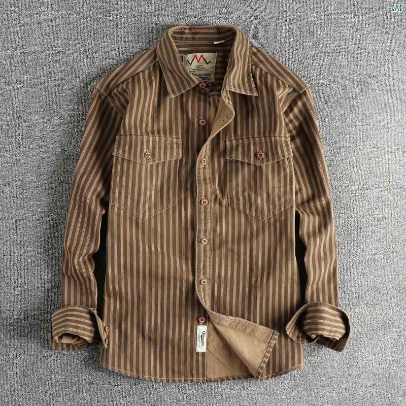 メンズ　メンズファッション　ファッション　男性用　オシャレ アメリカ レトロ ストライプ メンズ 長袖 シャツ 織 コットン 快適 カジュアル ワークウェア ジャケット リアル ショット
