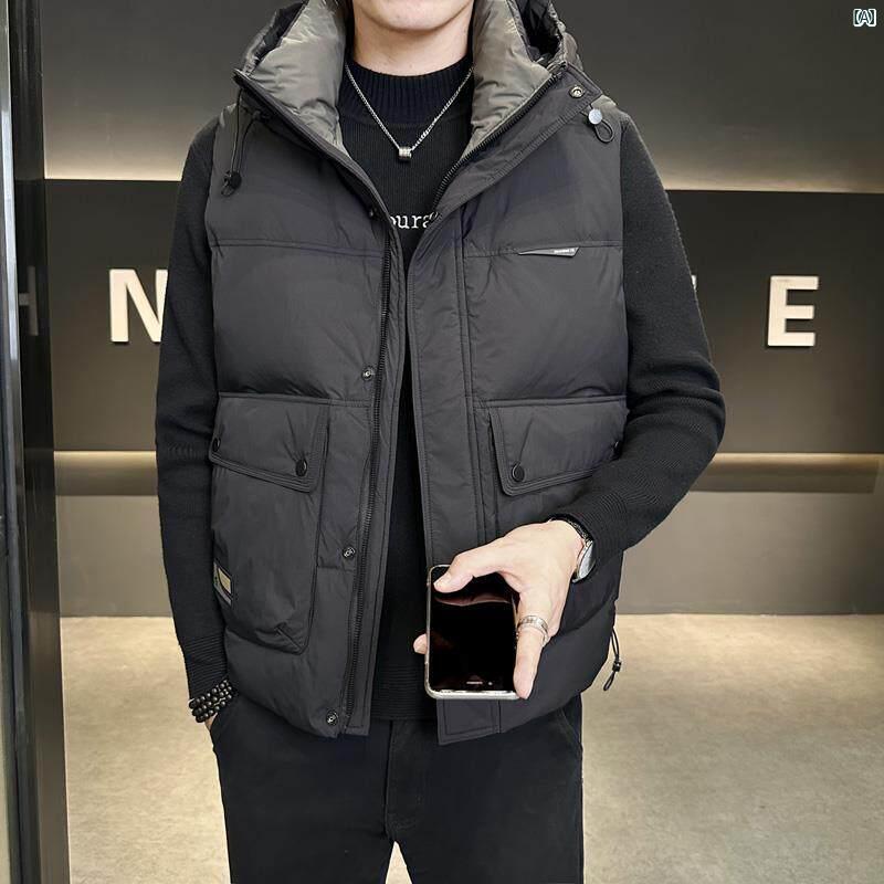 メンズ ファッション 韓国ファッション オシャレ カジュアル 男性用 大歳 フード付き 作業着 ダウン ベスト 男性用 秋 冬 ファッション 暖かい チョッキ ジャケット コート トップ
