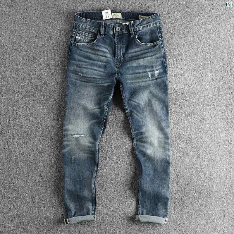 メンズ　メンズファッション　ファッション　男性用　オシャレ ほつれた パッチ クラフト レトロ ダメージ ブルー ジーンズ メンズ スリム スモール ストレート アメリカン マイクロ エラスティック パンツ