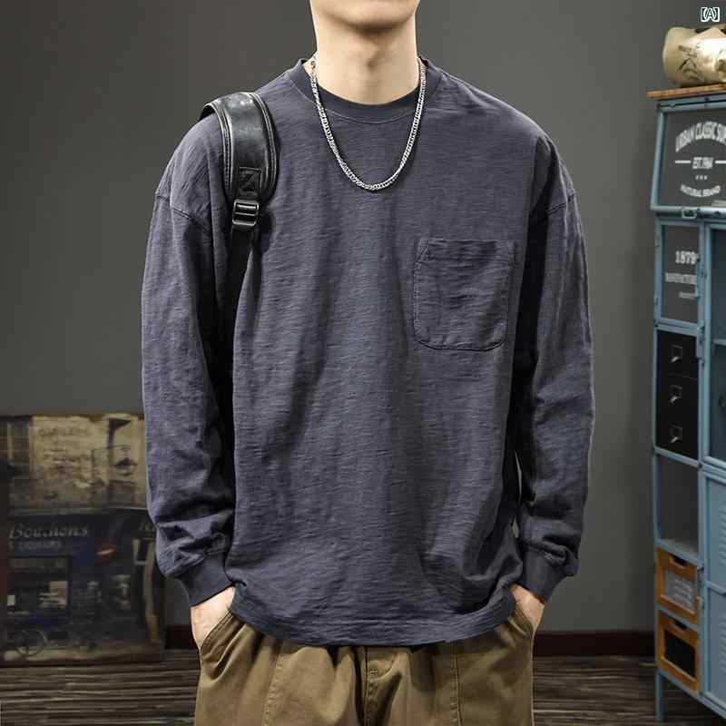 メンズ　ファッション　オシャレ　男性　大歳ストリート 秋 レトロ 竹 コットン 長袖 Tシャツ メンズ コットンシャツ アメカジ ポケット スウェットシャツ