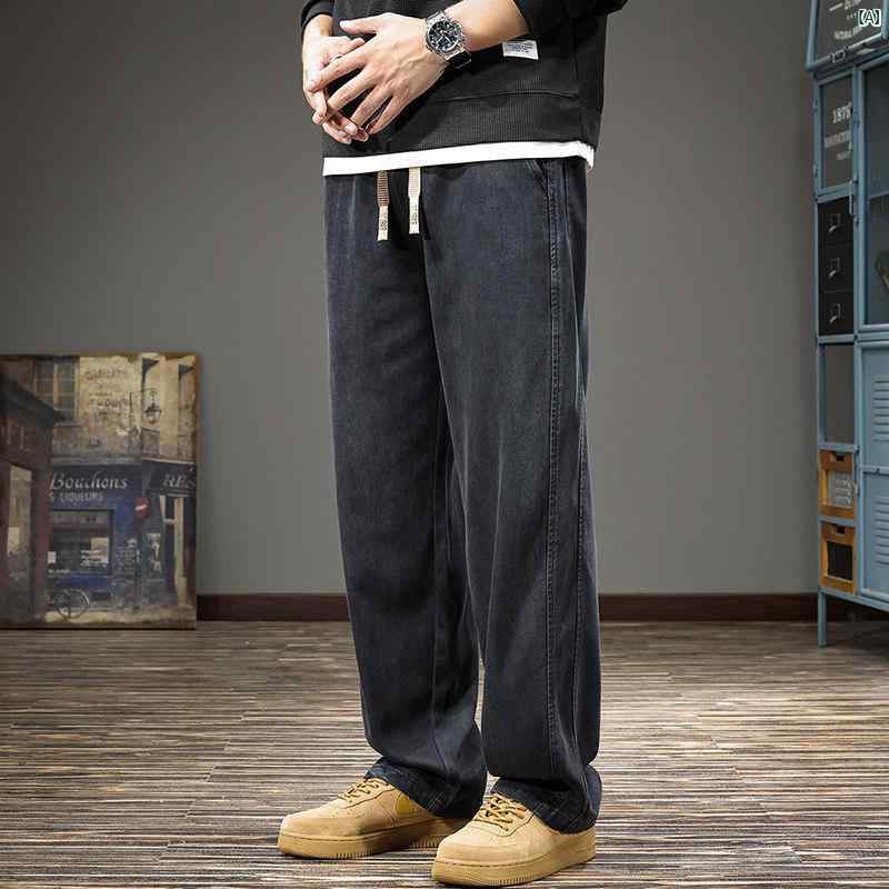 メンズ　ファッション　オシャレ　男性　大歳ストリート 秋 リヨセル テンセル ジーンズ メンズ ストレート ドレープ ワイド レッグ パンツ アメリカン ファッション ストリート