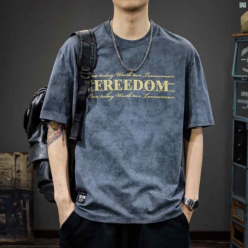 メンズ　ファッション　オシャレ　男性　大歳ストリート ヘビー レトロ ウォッシュ プリント メンズ 半袖 Tシャツ 夏 コットン トップ アメリカン ハーフスリーブ
