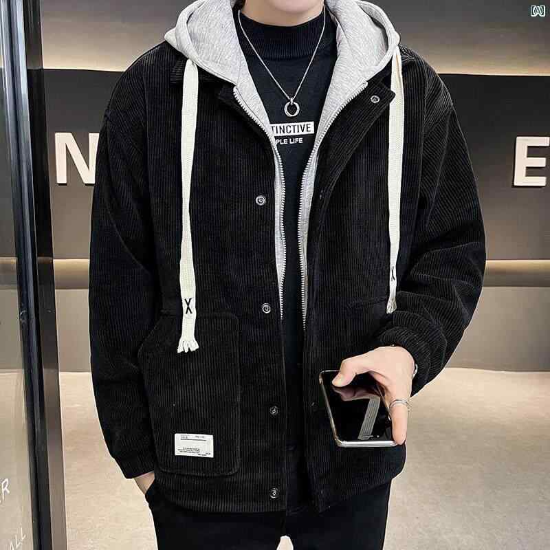 メンズ　ファッション　韓国ファッション　オシャレ　カジュアル　男性用　大歳 春 マイクロ ワイド ショート フード付き ジャケット メンズたり カジュアル コーデュロイ スリム コート