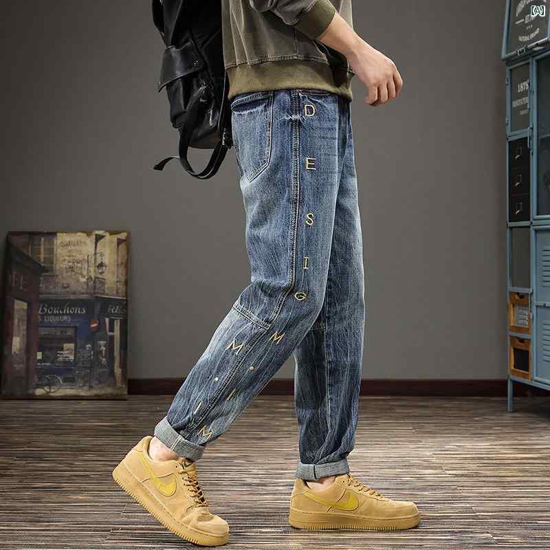 メンズ　ファッション　オシャレ　男性　大歳ストリート 秋 アメリカン ストリート レター 刺繍 ジーンズ メンズ 大きいサイズ ストレート パンツ ウォッシュ カジュアル