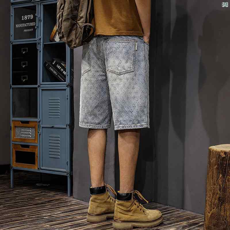 メンズ　ファッション　オシャレ　男性　大歳ストリート 夏 アメリカ ストリー トー 男性用 ジャカード デニムショートパンツ レトロ ウォッシュ コットン ストレート ミッド パンツ 五分丈