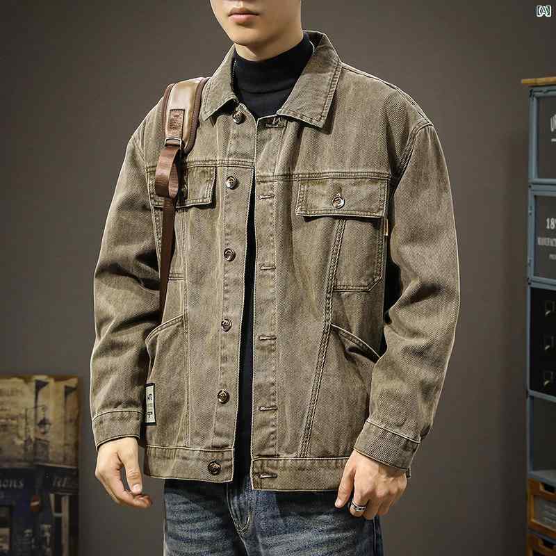 メンズ 成人男性  流行り物 韓国 オシャレ たり 大歳表どおり 秋 アメリカン レトロ 細工物御召しもの 上衣 心地好い 春 たり 元始的 ウォッシュデニム 上衣