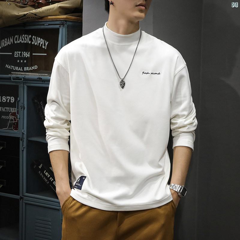 メンズ　男性 ファッション 韓国 オシャレ たり 大歳ストリート 秋 ハーフ タートル カラー ドイツ ベルベット ライナー シャツ アメリカン カジュアル レター 刺繍 長袖 Tシャツ