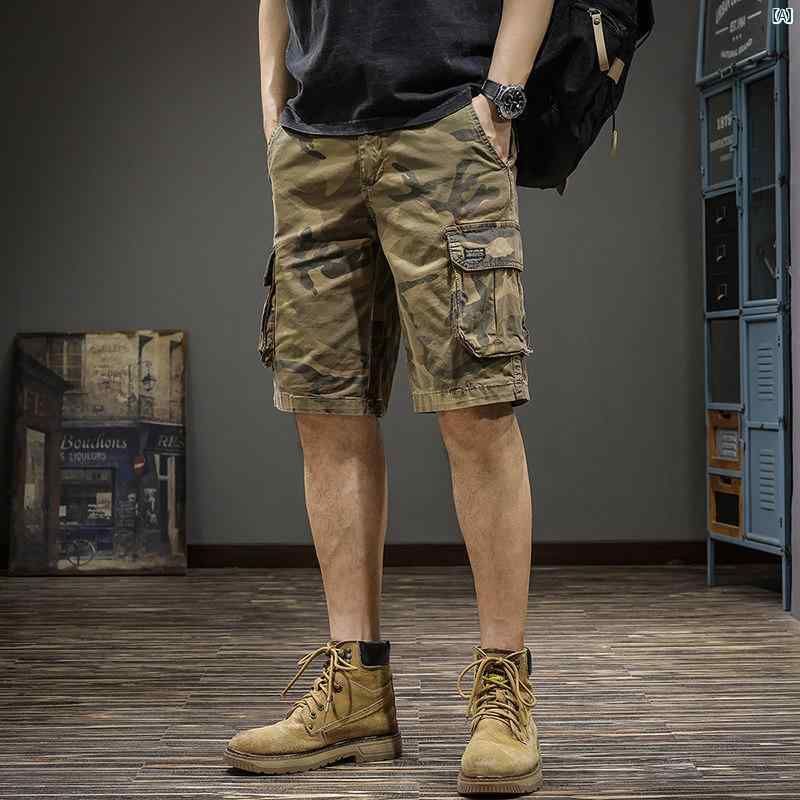 メンズ　男性 ファッション 韓国 オシャレ たり 大歳ストリート 夏 アメリカン ストレート 迷彩 カーゴ ショーツ アウトドア カジュアル ミッド パンツ 薄手 ポケット 五分