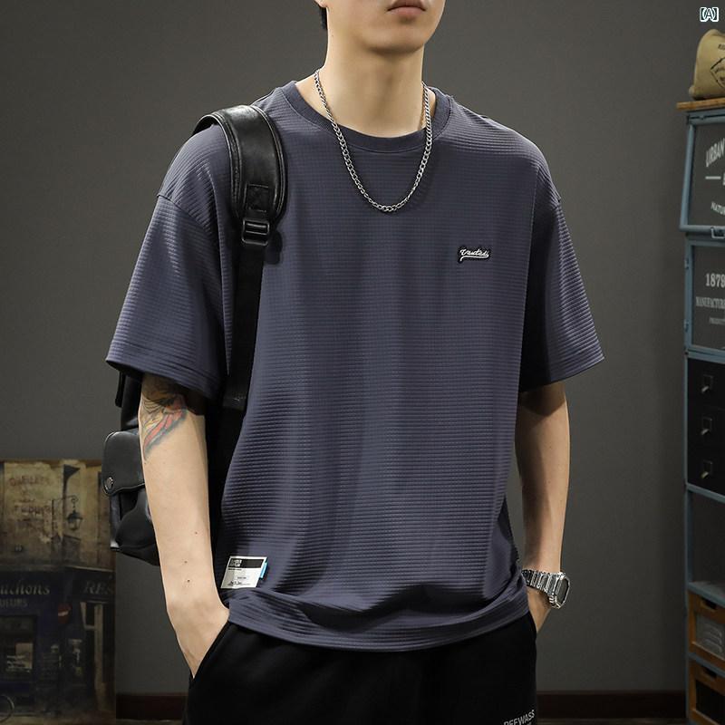 メンズ　男性 ファッション 韓国 オシャレ たり 大歳ストリート 夏 涼しい ワッフル 冷感 半袖 Tシャツ たり 大きいサイズ 速乾 丸首 スポーツ トップス