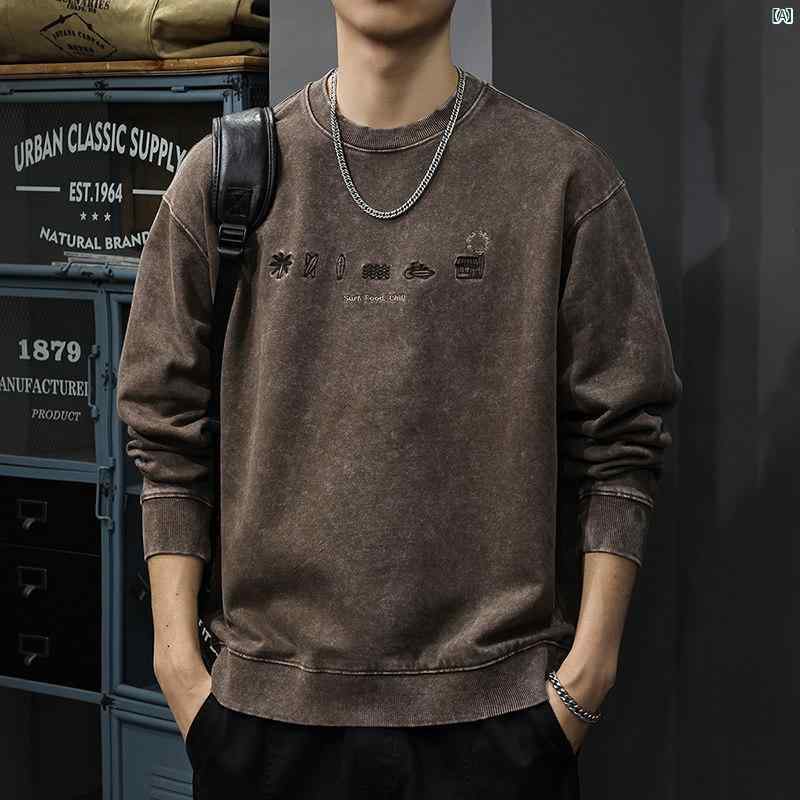 メンズ　ファッション　オシャレ　男性　大歳ストリート 秋 スノーフレーク ダメージ ウォッシュ スウェットシャツ メンズ コットン ヘビーウェイト シャツ アメリカン カジュアル 刺繍 トップ