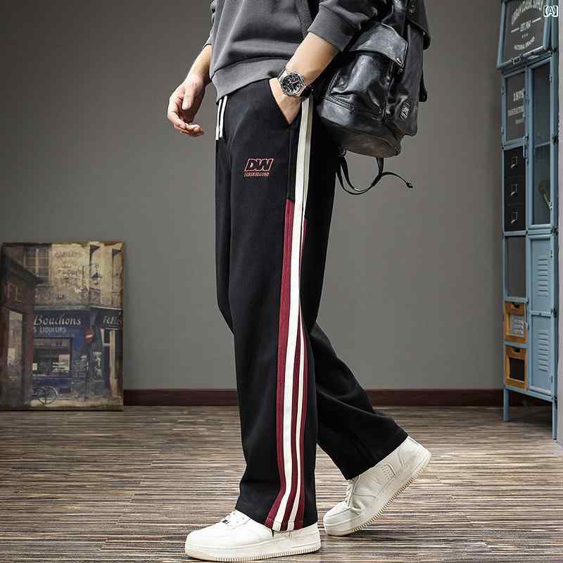 メンズ　ファッション　オシャレ　男性　大歳ストリート アメリカ ストライプ スポーツ パンツ 男性用 秋 ヘビーウェイト ワイド レッグ カジュアル ストレート