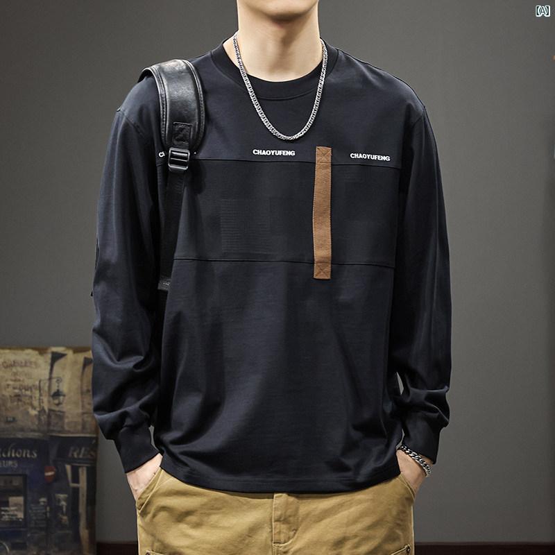 メンズ　男性 ファッション 韓国 オシャレ たり 大歳ストリート 春秋 スプライシング 長袖 Tシャツ コットンシャツ アメリカン レトロ ストリート スウェットシャツ