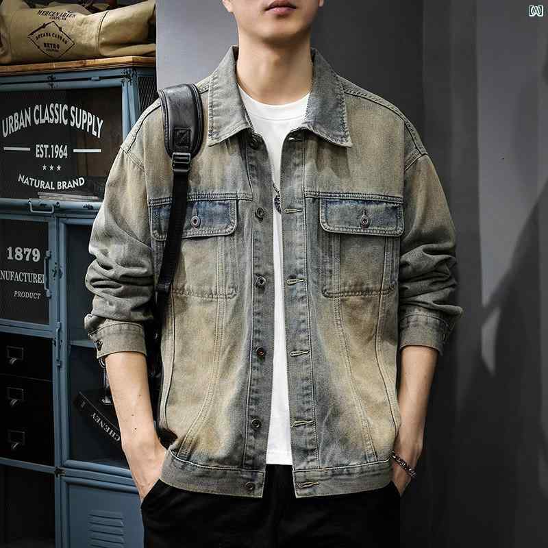 メンズ　男性 ファッション 韓国 オシャレ たり 大歳ストリート アメリカン レトロ ウェイストランド デニムジャケット 男性用 春秋 ジャケット ウォッシュ トップ