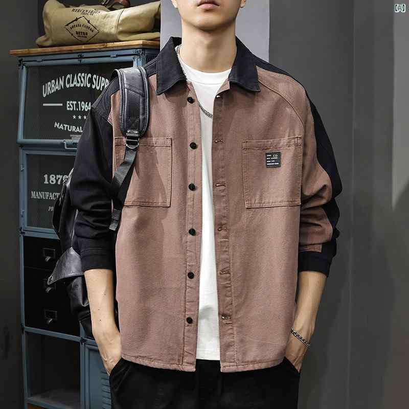メンズ 男性 ファッション 韓国 オシャレ たり 大歳ストリート 春秋 スプライシング 長袖 シャツ アメリカン ストリート ワークウェア デニムシャツ 秋 ジャケット