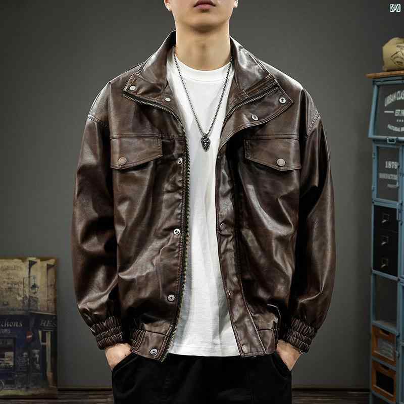 メンズ　男性 ファッション 韓国 オシャレ たり 大歳ストリート アメリカン タフ ライディング バイク レザージャケット レトロ 秋 スタンドカラー PU