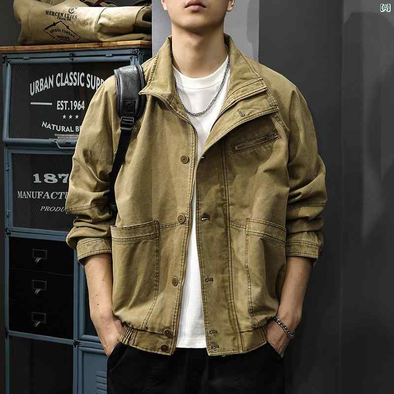 メンズ　男性 ファッション 韓国 オシャレ たり 大歳ストリート 秋 ヘビー コットン スタンドカラー 作業着 ジャケット アメリカン レトロ ウォッシュ ハンティングジャケット